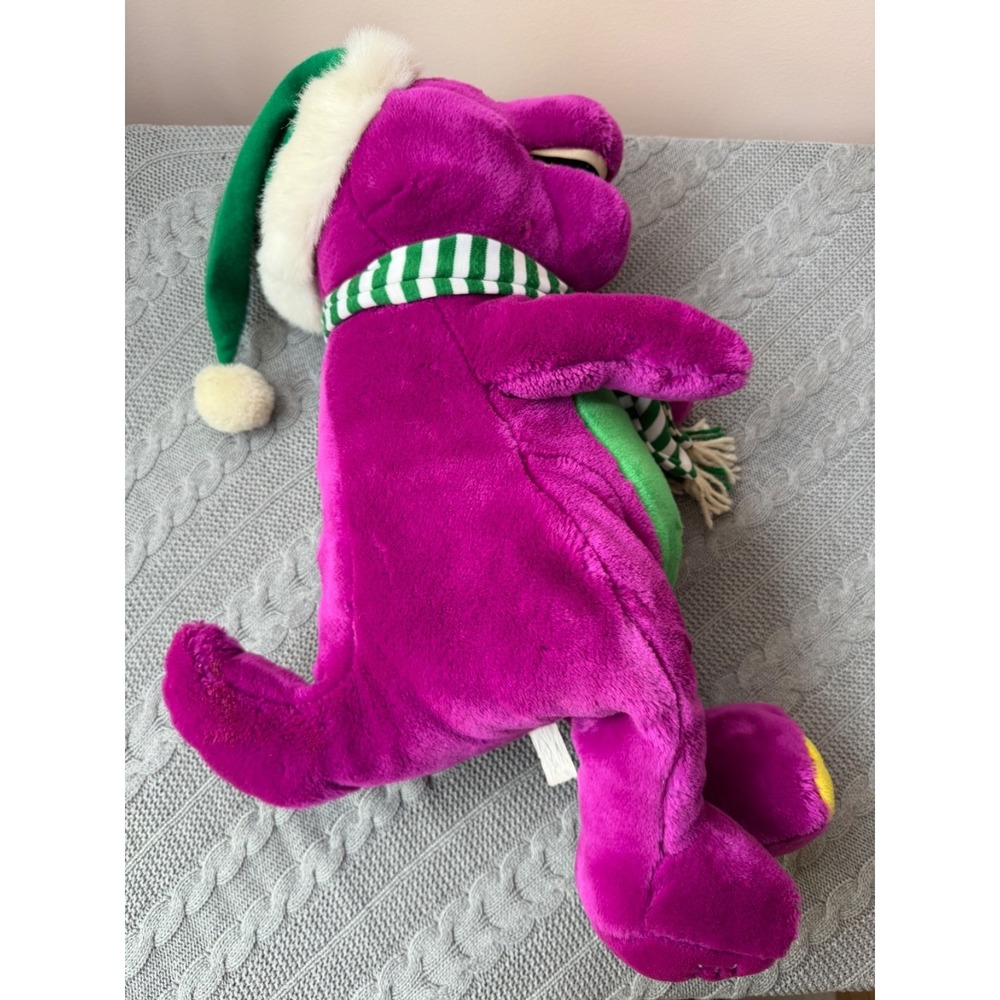 Barney The Dinosaur Vintage 18" Purple  Plush With Green And White Striped Scarf - Picture 4 of 8